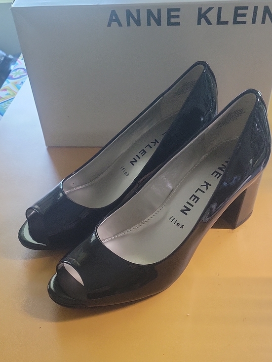 Anne Klein Shoes - Anne Klein Black Patent Peep-Toe Block Heels